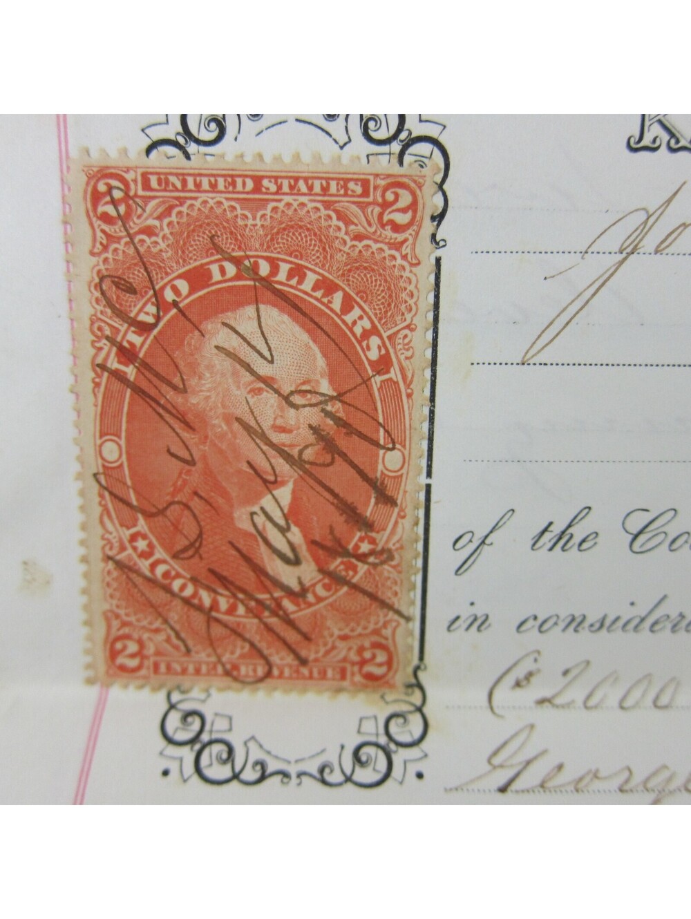 US Scott R81 Two Dollar Revenue Tax Stamp on 1870 Darke County Ohio Land Deed